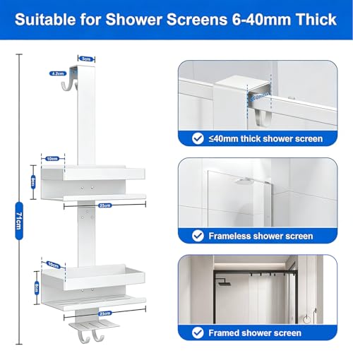 Laimew Duschablage ohne Bohren Badezimmer Organizer, Badregal Duschregal ohne Bohren, Duschablage zum Hängen für Glasduschtüren, Duschregal zum Hängen Shampoo Halterung für Dusche,Badezimmer Regal