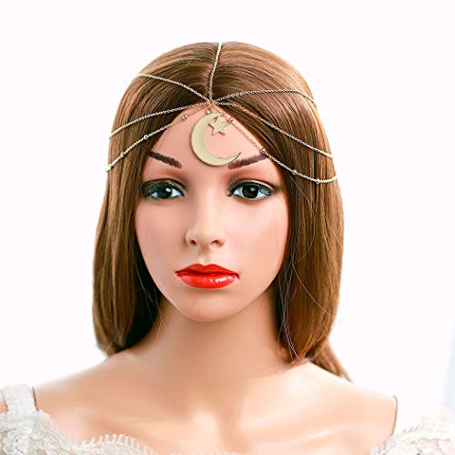 Asooll Boho Layered Moon Head Chain Sparkly Star Head Accessoires Fashion Beads Jewelry Festival Headpieces Prom Headband for Women and Girls (Gold)