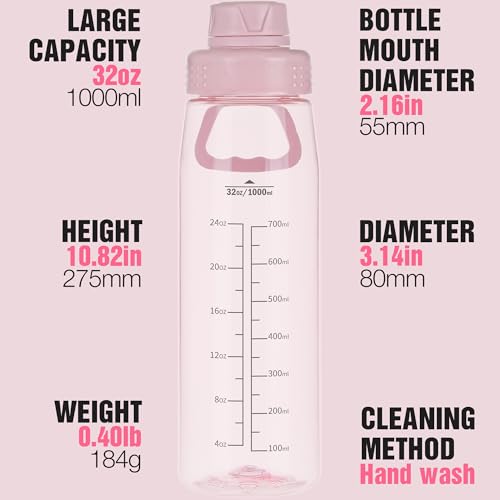 Image of 32oz Clear Water Bottle - BPA-Free Tritan Plastic, Fast Flow Spout Lid, Wide Mouth & Leakproof Design Hiking Water Bottle Suitable for Travel, Outdoors, Gym, Travel, Home, School（Pink）