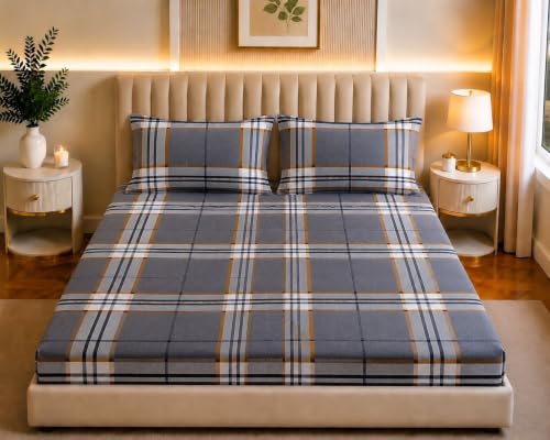 Image of Castiqa Elastic Fitted Supersoft Premium Polycotton 200TC Double Bedsheets King Size 78x72 Inch with 2 Pillow Covers (Fits Upto Mattress of 8Inches) (Multicolor IX)