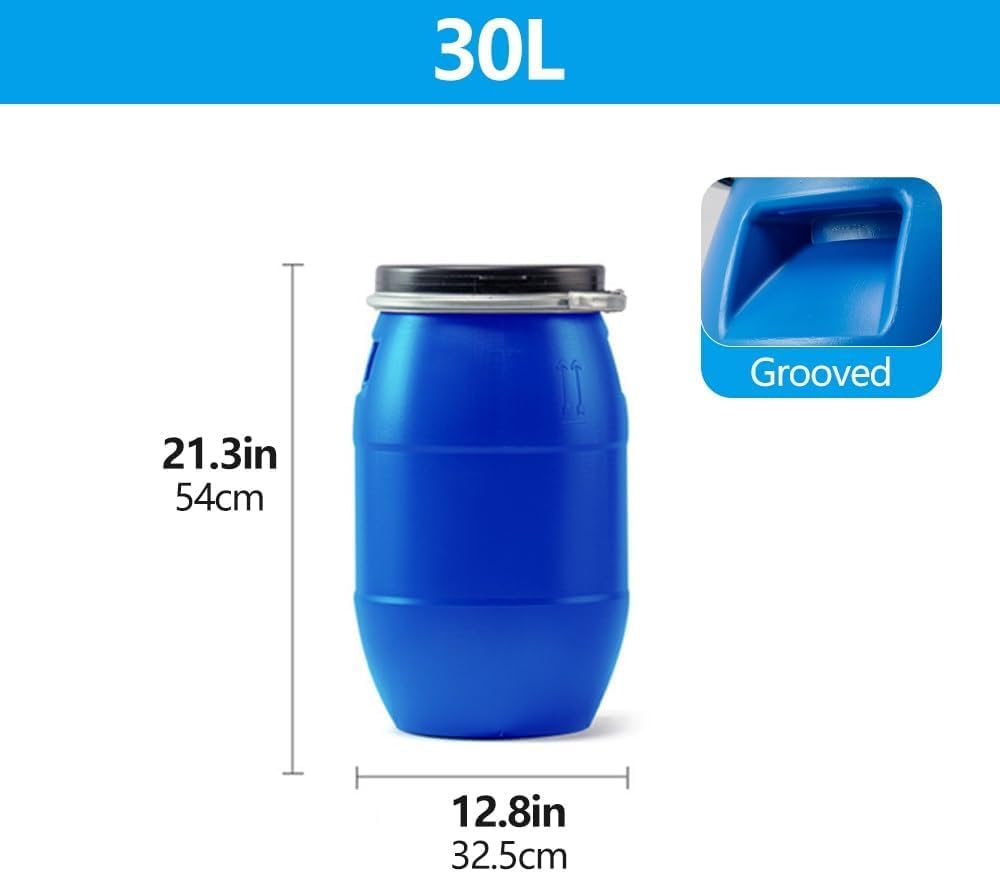 Bidón De Plástico De 30 litros Apto para Uso Alimentario con Tapa - Tambor De Almacenamiento Multiusos Reforzado para Agua, Transporte Y Uso En Restaurantes