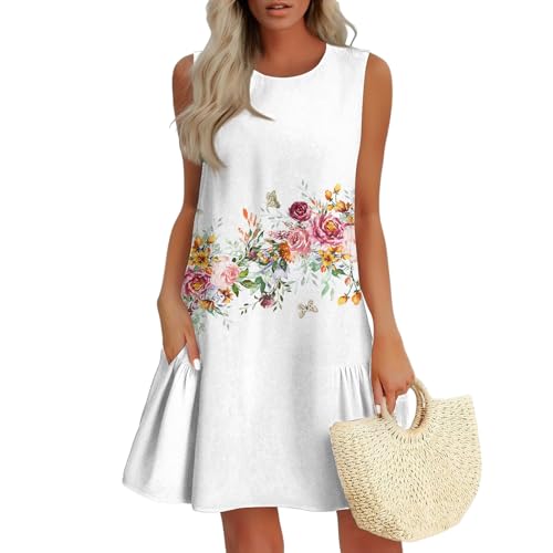 Sun Dresses for Women 2025,Lightning+Deals+of+Today+Prime Casual Floral Summer Sleeveless Tank Dress Ruffle A-Line Hawaiian Mini Dress Boho Sundresses Beach Vacation Clothes White XL