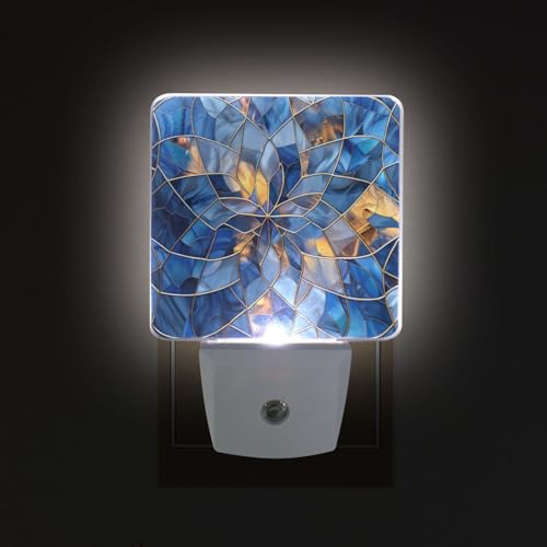 Image of Stained Glass Blue Pattern Night Lights 2 Pack Plug-in Wall Led Nightlight Auto Dusk-to-Dawn Sensor Lamps for Bedroom Kitchen Bathroom