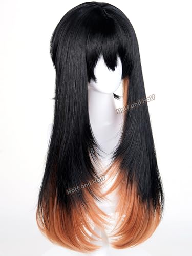 Image of Amo Empool Cosplay Wig 27.5'' Long Straight Black Orange Brown Anime Wigs | Black Layered Wig with Bangs for Women Halloween Costumes Party Daily