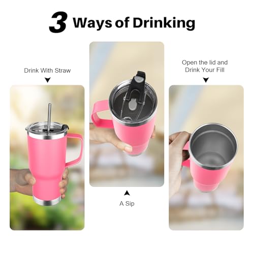 Image of 20 oz Tumbler with Handle, Stainless Steel Insulated Tumbler with Lid and Straw, Double Wall Vacuum Coffee Mug Tumbler, Insulated Coffee Thermal Cup for Cold and Hot (Rose Red, 20 Ounces)
