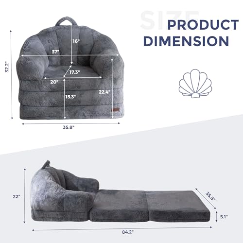 Image of MAXYOYO Folding Sofa Bed, 2 in 1 Convertible Sofa to Lounger Comfy Single Bean Bag Chair for Adults, Floor Couch with Handle, Faux Fur Couch Bed for Living Room Bedroom, Grey