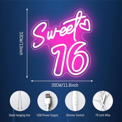 Image of Sweet Sixteen Neon Sign Sweet 16 Neon Light 16th Birthday Pink Led Neon Light for Bedroom Home Wall Decor Birthday Gifts for Girls with Dimmable Switch and USB Powered