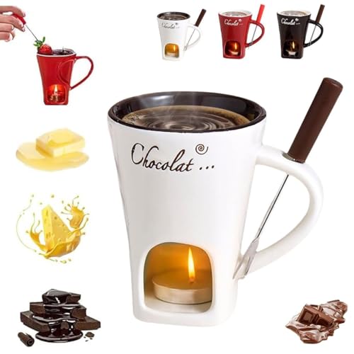 Mug À Fondue Au Chocolat Avec Fourchettes, Tasse À Fondre Le Chocolat, Ensemble Chauffe-beurre En Céramique, Tasse À Fondre Le Fromage En Céramique, Mug Chauffe-plat for Bonbons, Friandises(White)