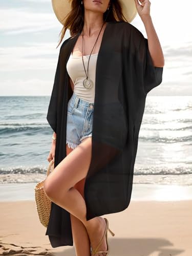 MayBuy Women's Summer Long Flowy Kimono Cardigans Boho Chiffon Beach Cover Up Tops, 002 Black, Large - 2