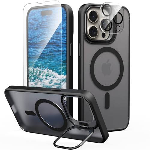 IDweel for iPhone 15 Pro Max Case with Screen Protector & Camera Lens Protector,Compatible with MagSafe,Built-in Camera Stash Stand,Magnetic Hard Back Soft Edge Anti-Fingerprint Flexible Cover,Black