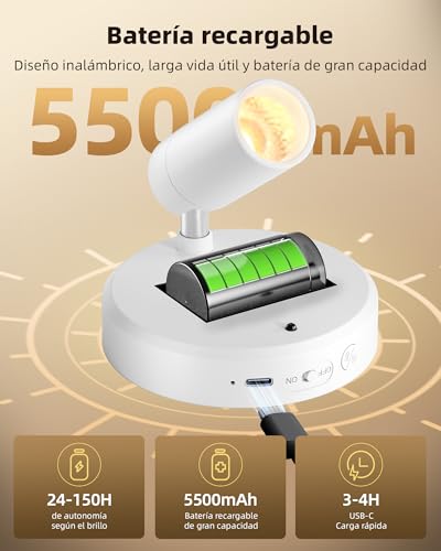 EZVALO Kabellose Spotlight 5500mAh, 3 Farben Dimmbar Wandspot mit Fernbedienung & Timer-Funktion, 350° Drehbare Aufladbare Wandlampe für Bilderbeleuchtung, Pflanzenbeleuchtung (Weiß, 2 Stück)