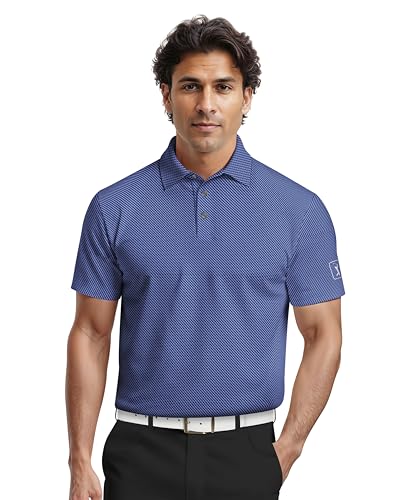 PGA Tour Men's Short Sleeve Golf Polo with Geo Print and Moisture Wicking Fabric, Peacoat, Small
