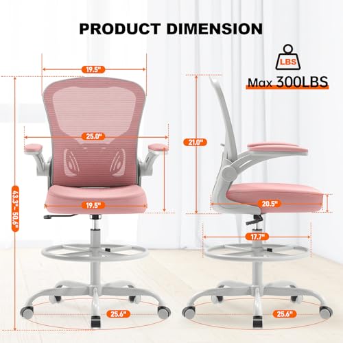 Image of Synorla Ergonomic Drafting Chair, Tall Mesh Office Chair with Flip-up Armrests, Lumbar Support & Adjustable Footrest Ring for Standing Desk Gray Pink