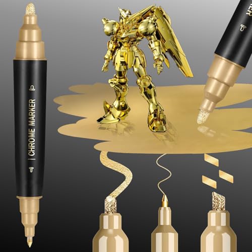 Image of 1PK Dual Tip Liquid Gold Chrome Paint Marker, Mirror Gold Pen | 1mm & 2-5mm Reversible Tips Permanent Metallic High Gloss Marker for Metal, Plastic, Fabric, Model, Touch-Up & Repair Kit