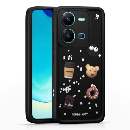 Image of Bintage Cute Fun Taddy Cartoon 3D Ball Bear Milk Donut Coffee Cup Silicon Case Full Body & Camera Protection Back Cover Compatible for Vivo Y35 - Black