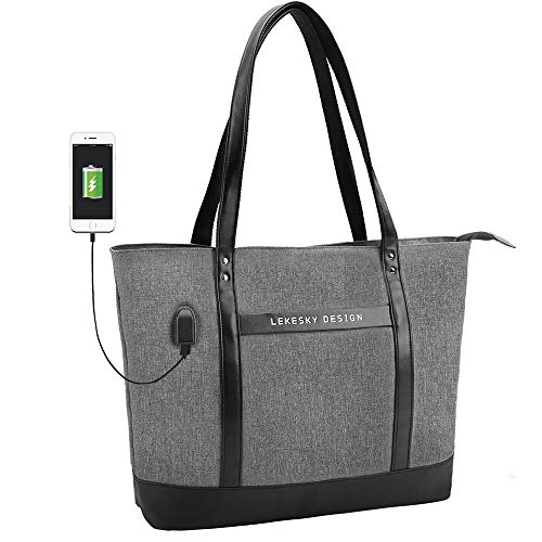 Lekeksy Work Bag for Women Laptop Tote Bag with USB Computer Bag Fits 15.6 Inch Teacher Bag, Grey