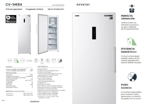 INFINITON Congelador Vertical CV-1HE84, E, 274 Litros, No Frost, 185 cm de Altura, Blanco - imagen 3