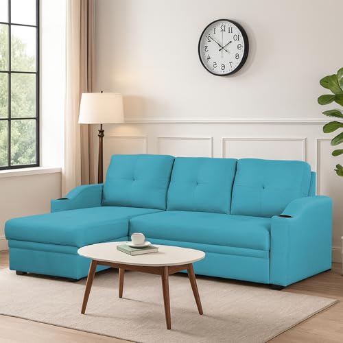 Image of Casaliving Ravonna LHS 4 Seater L Shape Corner Sofa Cum Bed for Living Room (Turquise Fabric) Premium Fabric Sofa