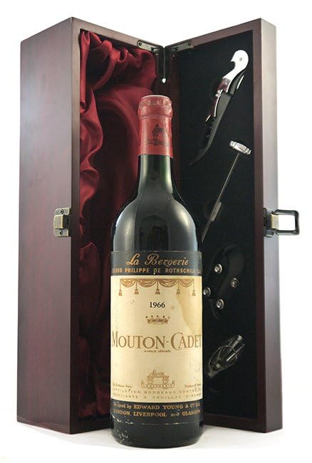La Bergerie Mouton Cadet 1966 Bordeaux (Red wine) vintage wine in a silk lined wooden box with four wine accessories, 1 x 750ml