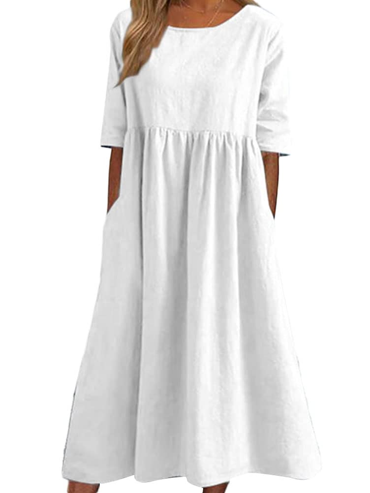 Onsoyours Vestido De Lino Verano De Las Mujeres Manga Corta Vestido De Verano Vestidos De Lino Midi De Las Mujeres Algodón Lino Blusa Vestido Casual Vestidos De Playa Vestido A-Line Vestido