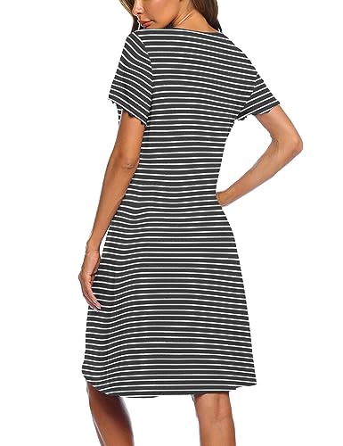 Ekouaer Nachthemd Damen Sommer Sleepshirt Kurzarm Schlafshirt Nachtwäsche mit Knopfleiste, Streifen_ Grau XXL 5
