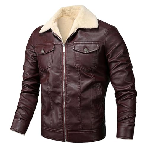 Maiyifu-GJ Men Sherpa Lined Faux Leather Jacket Winter Fleece Lapel Motorcycle Coat Vintage Fur Collar Jacket Leather Jacket (Brown,XX-Large)