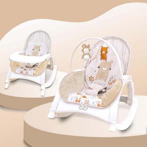 INFANTSO Baby Rocker & Bouncer for 0 to 2 Years (Beige), Chair for Newborn with Calming Vibrations, Music & Toys, 3 Position Adjustable Backrest with Feeding Tray