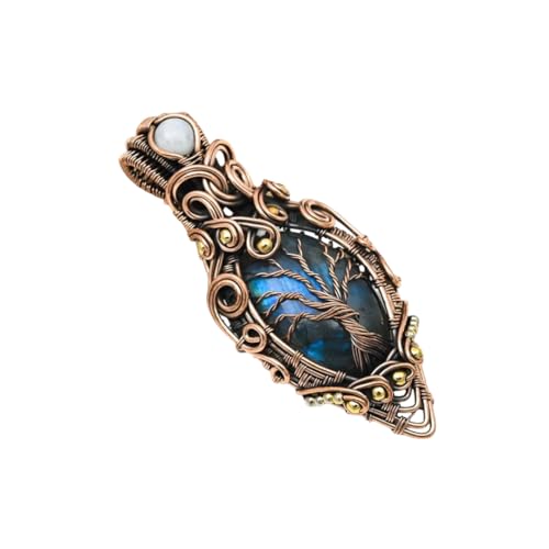 Handcrafted Wire-Wrapped Labradorite Tree of Life Pendant Necklace - Intricate Copper Detailing, Golden Accents, Unique Mystical Jewelry for Spiritual Healing, Protection Ideal Gift for Women