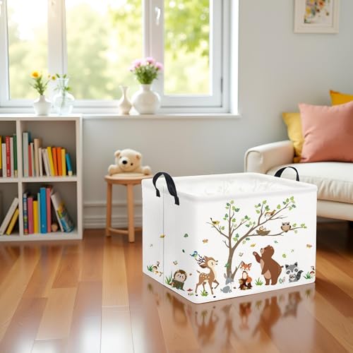 Image of Rectangular Kids Storage Basket Baby Storage Basket with Handles for Home Kitchen Boys and Girls Cute Toy Storage Bin Organizer Shelf Book Room Decor(Tree Animal)