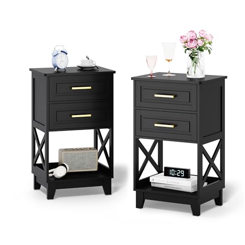 Image of RoyalCraft 30 inch Tall Nightstand, Modern Painted Bedside Table with 2 Drawers and Open Shelf, Wood Side Table for Bedroom, Home Office, Black-Open Shelf Below, Set of 2