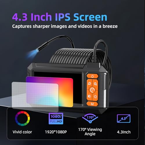 Image of Daxiongmao Borescope Camera, 1080P HD IP67 Waterproof Endoscope with LED Light, 4.3 inch IPS Screen Flexible Snake Camera for Automotive Engine, Pipe, Wall & Vent InspectionI