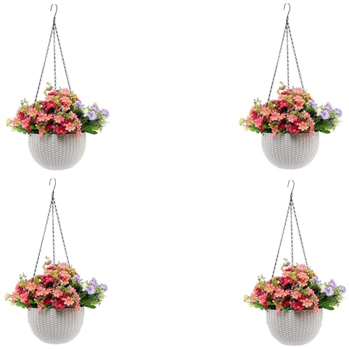 Image of Go Hooked Pots | Plastic | Hanging Pot | White | Pot Diameter- 7.1 Inch | Pot Height-4.8 Inch | Pot Thickness-3 mm | Chain Length-13 inch Approx. | 4 Pieces