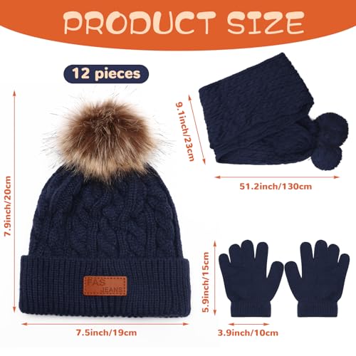 Liitrsh 12 Pcs Kids Winter Knitted Kids Winter Beanie Hat Scarf Gloves Set, Warm Boy Girl Pom Hat Scarf Gloves for 5-12 Years2