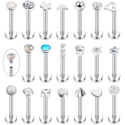 LOLIAS 20 Stück Tragus Knorpel Forward Helix Ohrstecker für Damen Herren Monroe Labret Piercing Ohr Lippen Nasen Edelstahl CZ Kugeln Herz Blume Medusa Flatback Piercings Ohrringe 16G