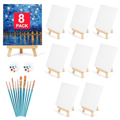 8 Pack 8 * 10In Canvas Boards for Painting, Art Canvas for Drawing with 10 Brushes & 2 Paint Trays, Mini Painting Canvas with Easel Set, Painting Kits for Adults & Kids Party
