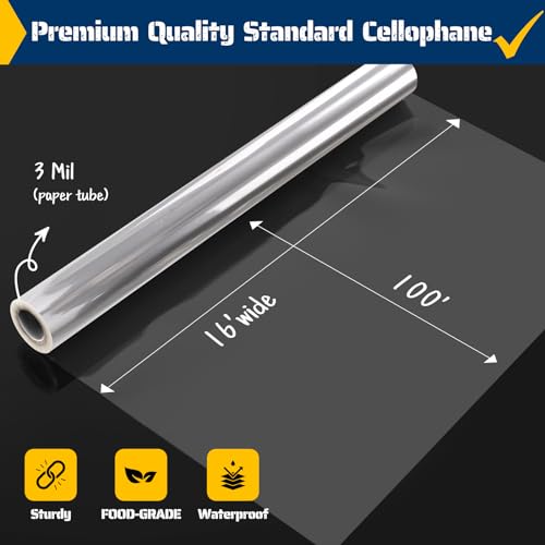 Vanhench Clear Cellophane Wrap, 16 Inch X 100' 3Mil Thick Cellophane Wrap Roll For Gift Basket Treats Goodie Bouquet Flower Wrapping, Clear Plastic Wrap thumb #1
