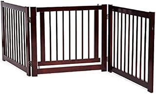 Maxmass Wooden Pet Gate, 3 Panel Freestanding Dog Gate with 360 ° Hinges & Lockable Door, Folding Safety Fence for Stairs Doorway (Cherry)