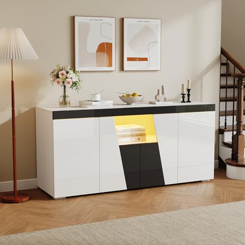 Buffet de salon moderne 140 x 40 x 65 cm avec LED – Grand meuble de rangement 3 compartiments, 4 portes à design incliné, finition brillante noir et blanc, commode...