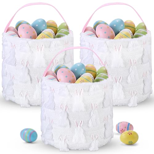 Teecyhooo 3 Pcs Easter Baskets with Handle Large Gift Bags Pink Ears White Rabbit Bunny Plush Soft...