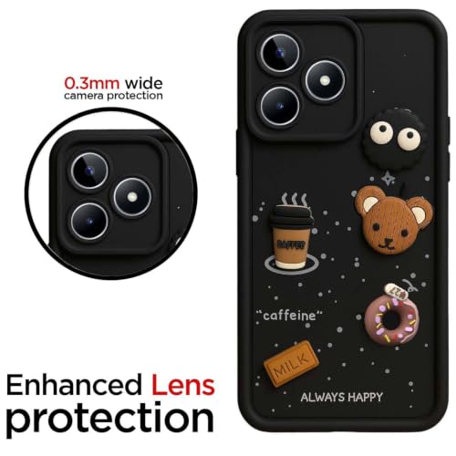 Image of Bintage Cute Fun Taddy Cartoon 3D Ball Bear Milk Donut Coffee Cup Silicon Case Full Body & Camera Protection Back Cover Compatible for Realme C53 - Black