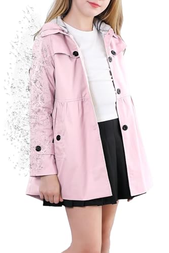 Cromoncent Girl's Waterproof Trench Coat, Single Breasted Hoodie Jacket, Rain Jackets, Dress Coat Outerwear for Girl, Pink,7-8 Years = Tag 140