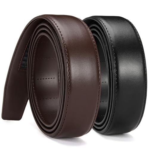 Image of Chaoren Leather Ratchet Belt 2 Pack Dress with Click Sliding Buckle 1 3 /8 inch in Gift Set Box - Adjustable Trim to Fit
