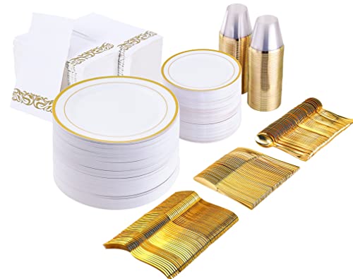 800 Piece Gold Dinnerware Set–200 Gold Plastic Plates–Set Of 300 Gold Plastic Silverware–100 Gold Plastic Cups–200 Gold Napkins For Party Or Wedding(100 Guests) #TOP15