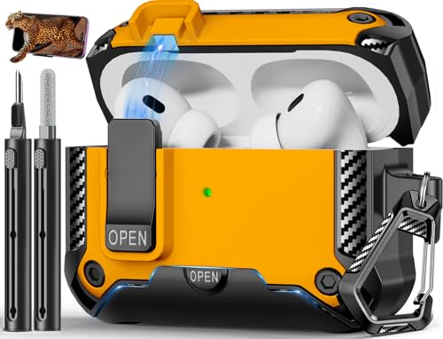 Image of Compatible with AirPods Pro 1st /2nd Case with Phone Stand,Automatic Snap Switch Lock,Carbon Fiber Texture Design Cover with Cleaner Kit (Yellow,for AirPods Pro 1st /2nd)
