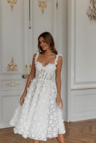 Women's 3D Floral Lace Wedding Dresses for Bride Spaghetti Straps A Line Long Prom Dress Tea Length Bride Dress4