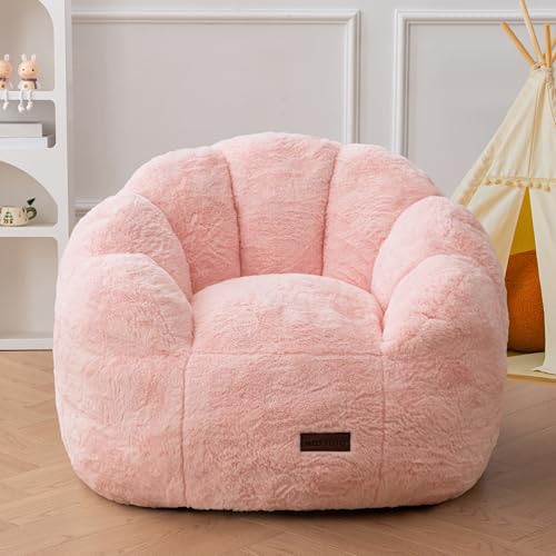 Image of MAXYOYO Kids Bean Bag Chair, Floral Shaped Bean Bag Sofa, Plush Faux Fur Toddler Couch with Petal Backrest for Boys Girls, Stuffed Cozy Sofa for Nursery, Bedroom, Pink