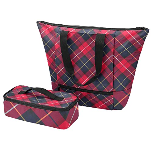Grand sac fourre-tout écossais rouge multicouche isotherme avec boîte à déjeuner lunchbox