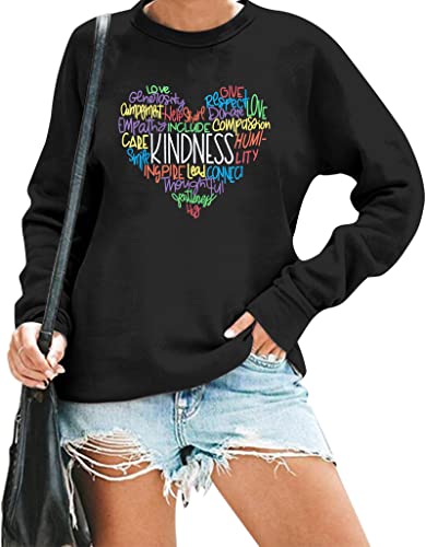 Mousya Women Kindness Sweatshirt Love Heart Graphic Tees Inspirational Letter Print Shirt Casual Long Sleeve Be Kind Tops Black #TOP1