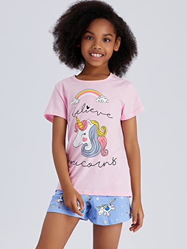 Cozchique Girls Unicorn Pajamas - 100% Cotton Short Sleeve Tee & Shorts Summer Jammies Set Sleepwear Size 10 #TOP1