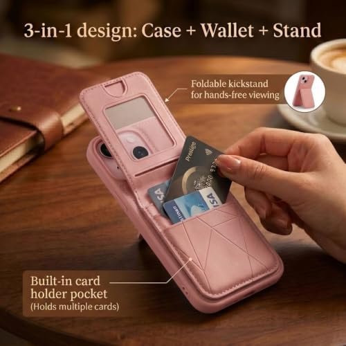 Image of amazon basics Premium Vegan Leather Back Cover with Card Holder and Integrated Mobile Stand for iPhone 15 - Slim Shockproof Wallet Case with Geometric Stitching [Pink]